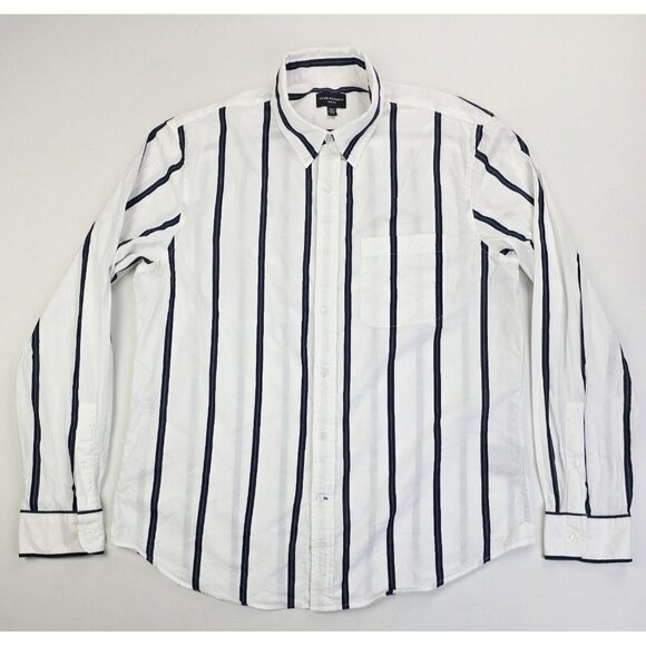 Club Monaco Slim Fit Size Large Mens White Black Sage Trim Stripe Button Down - Picture 1 of 10